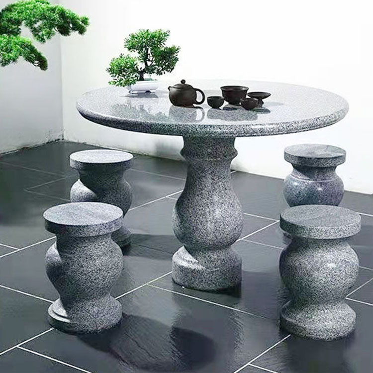 Silver Cloud 5-Piece Hand-Carved Granite Round Table and Chairs Set